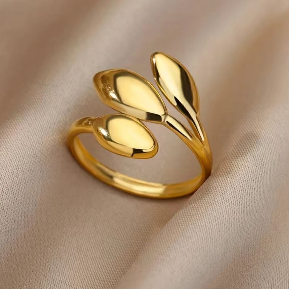 Simple Leaf Opening Ring Stainless Steel Golden Plated Size 8